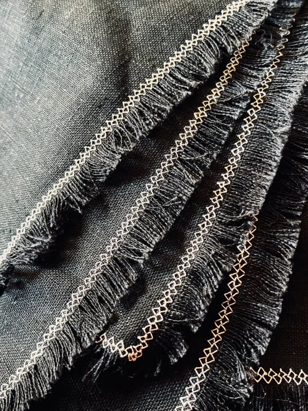 Black Placemats with Fringe Vintage Linen Blend Set of 5 18